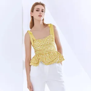 Causal Vest For Women Square Collar Spaghetti Strap Print Sleeveless Hit Color Ruffles Vests Female