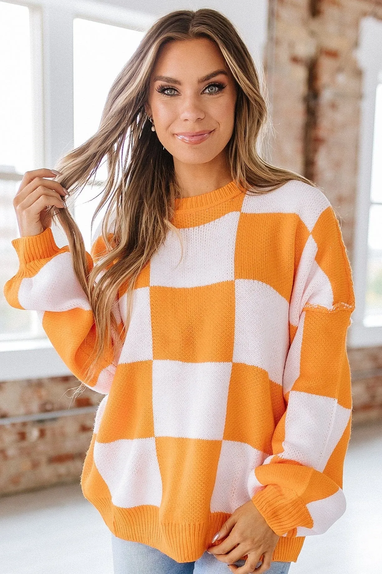 Checkered Bishop Sleeve Sweater | DROPSHIP