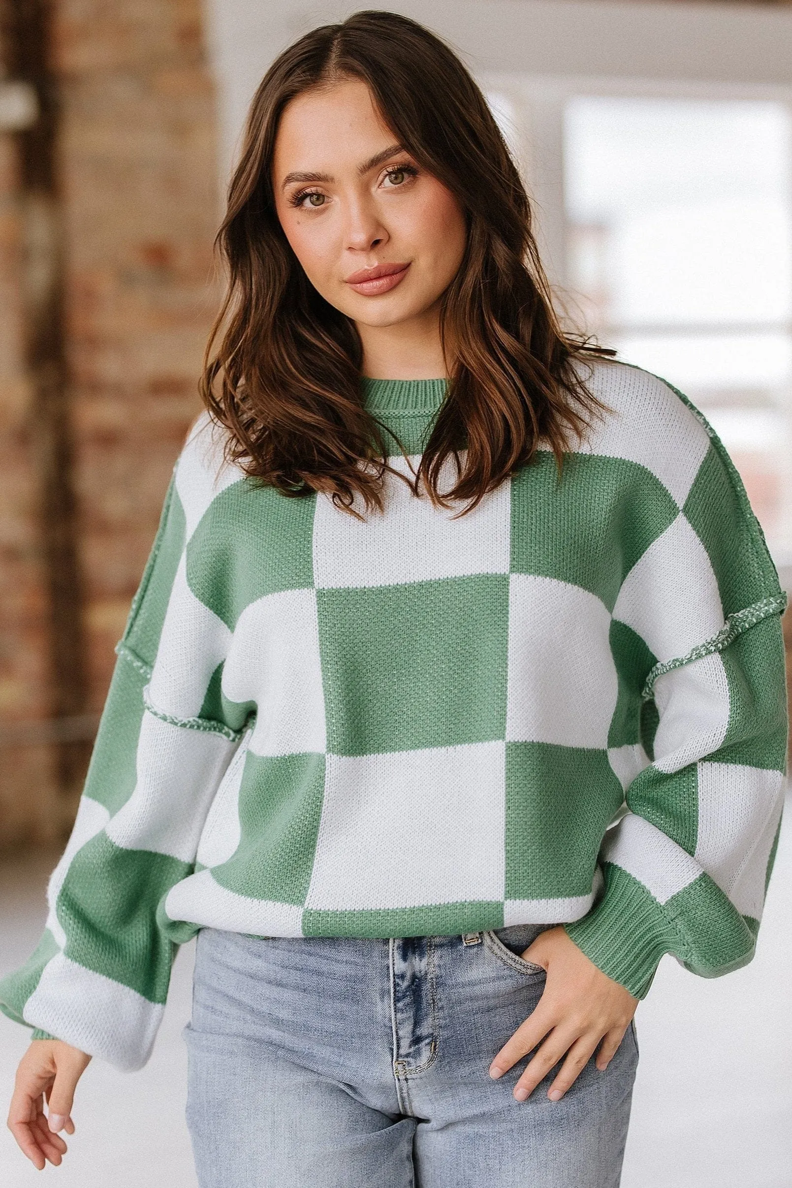 Checkered Bishop Sleeve Sweater | DROPSHIP