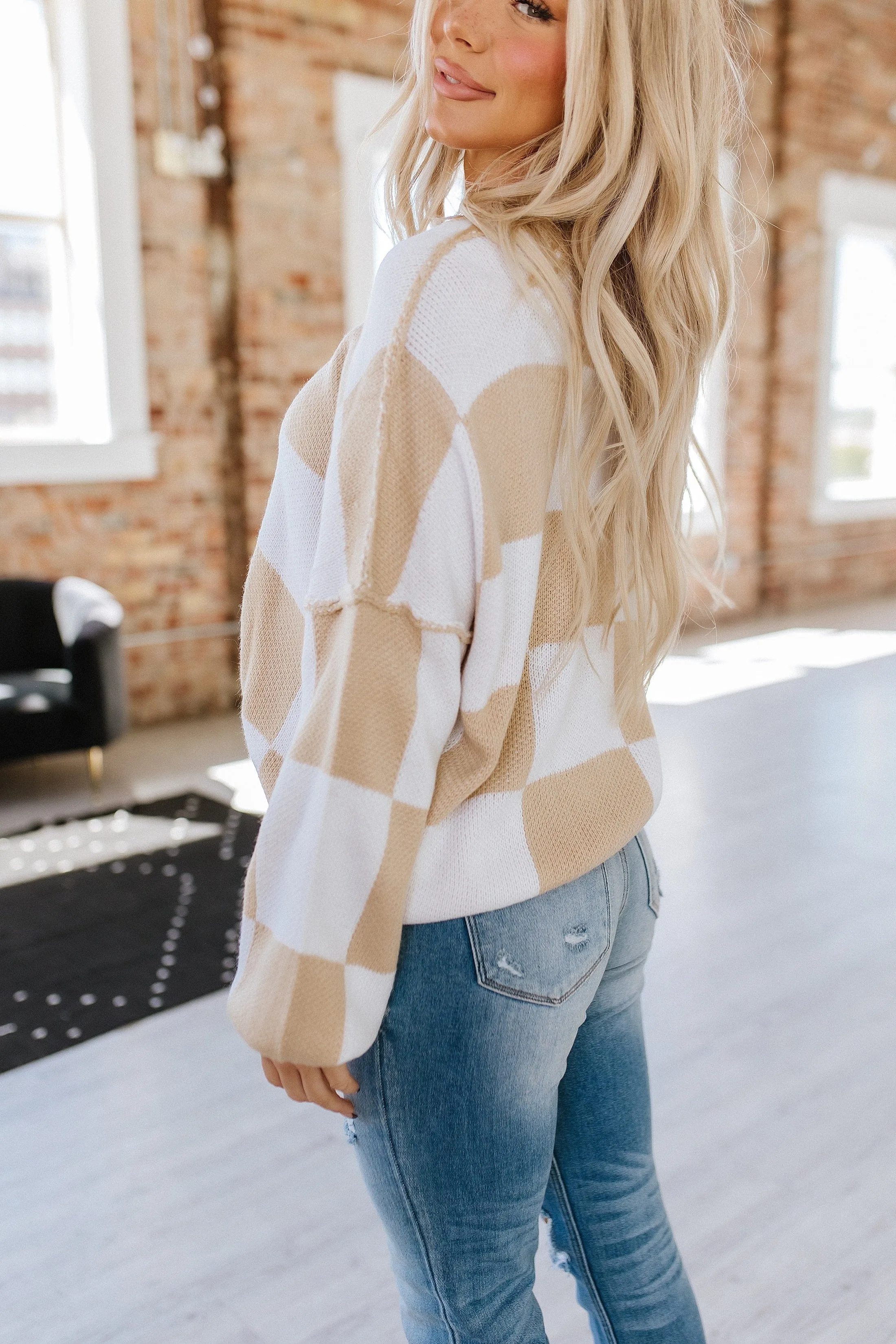 Checkered Bishop Sleeve Sweater | DROPSHIP