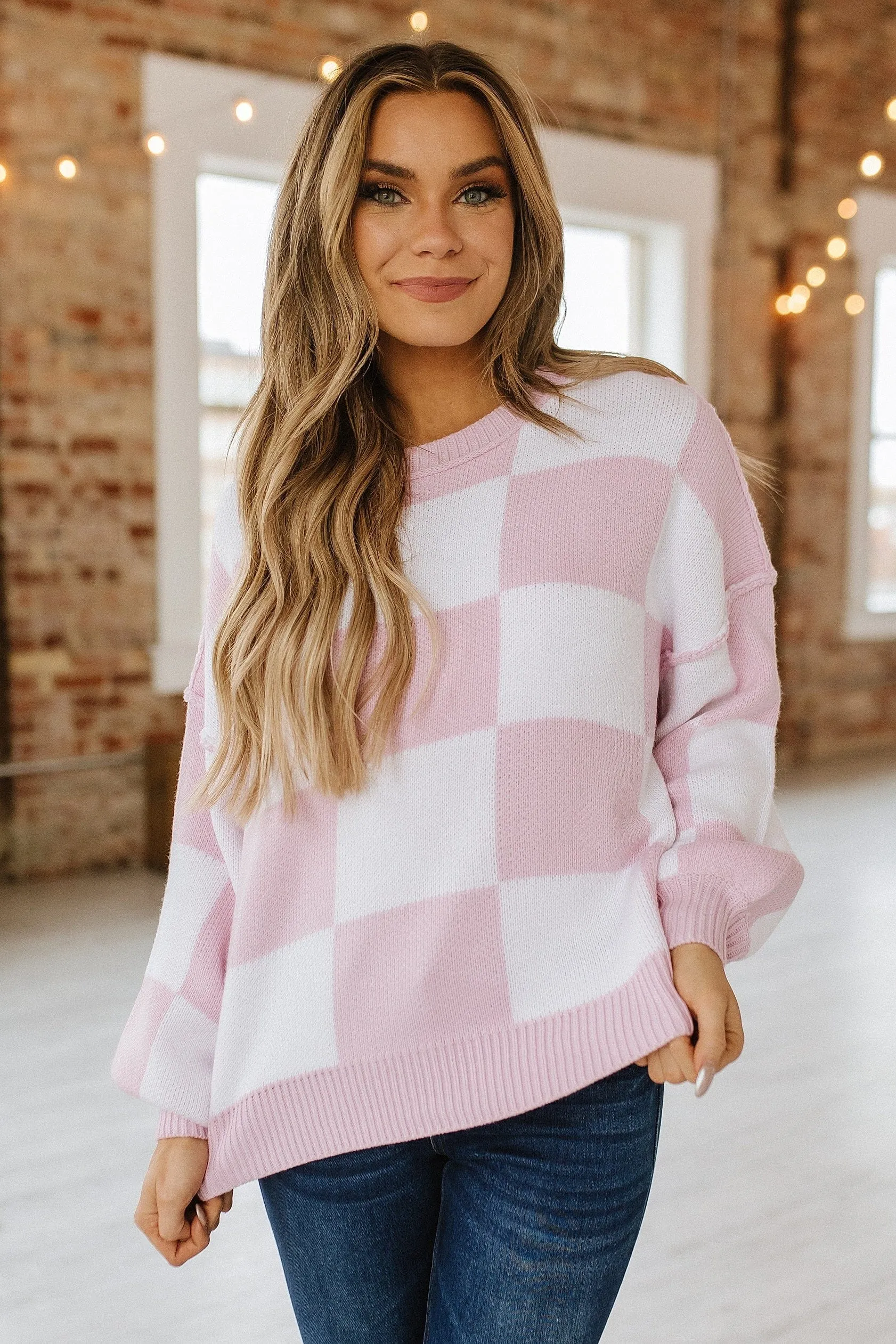 Checkered Bishop Sleeve Sweater | DROPSHIP