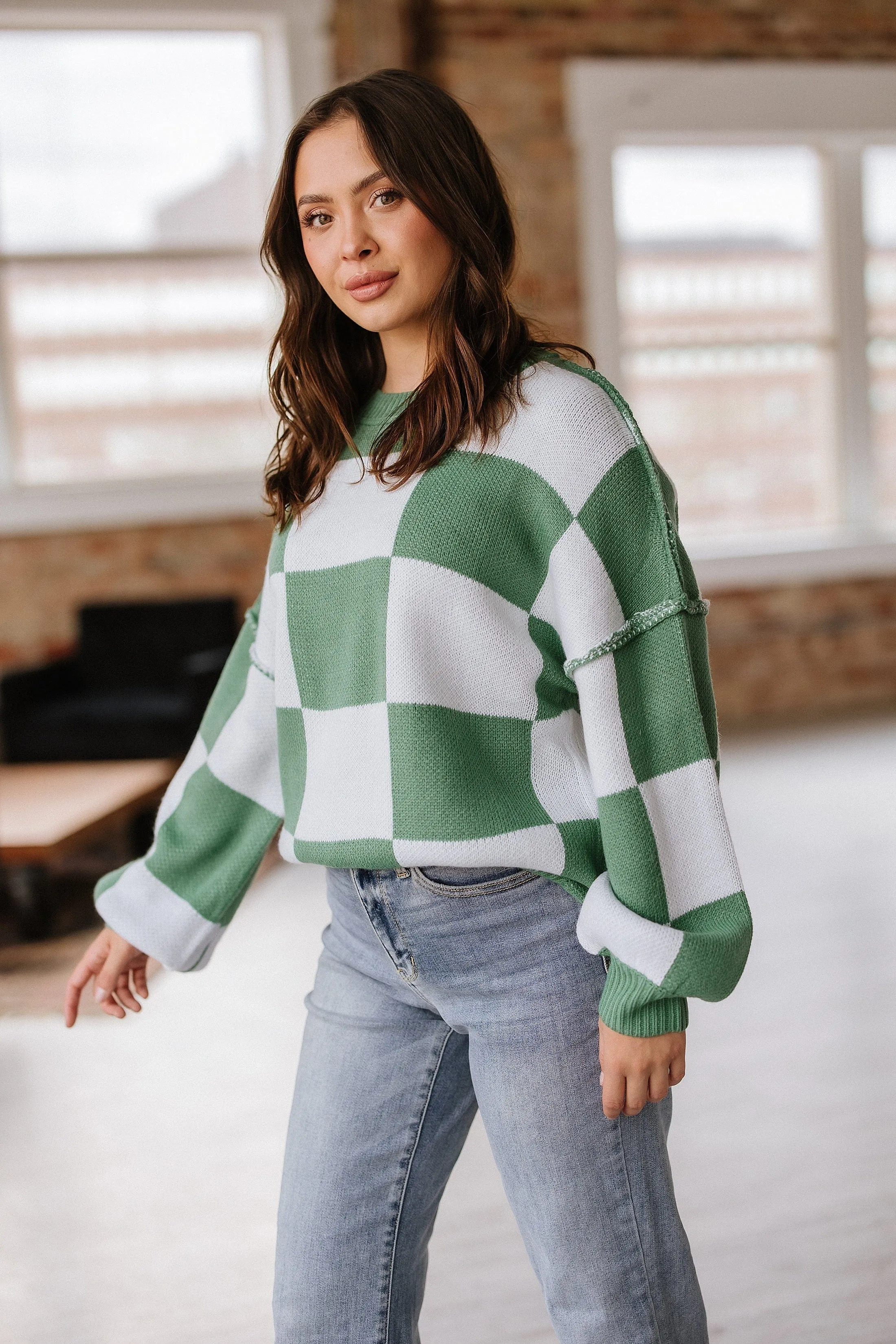 Checkered Bishop Sleeve Sweater | DROPSHIP
