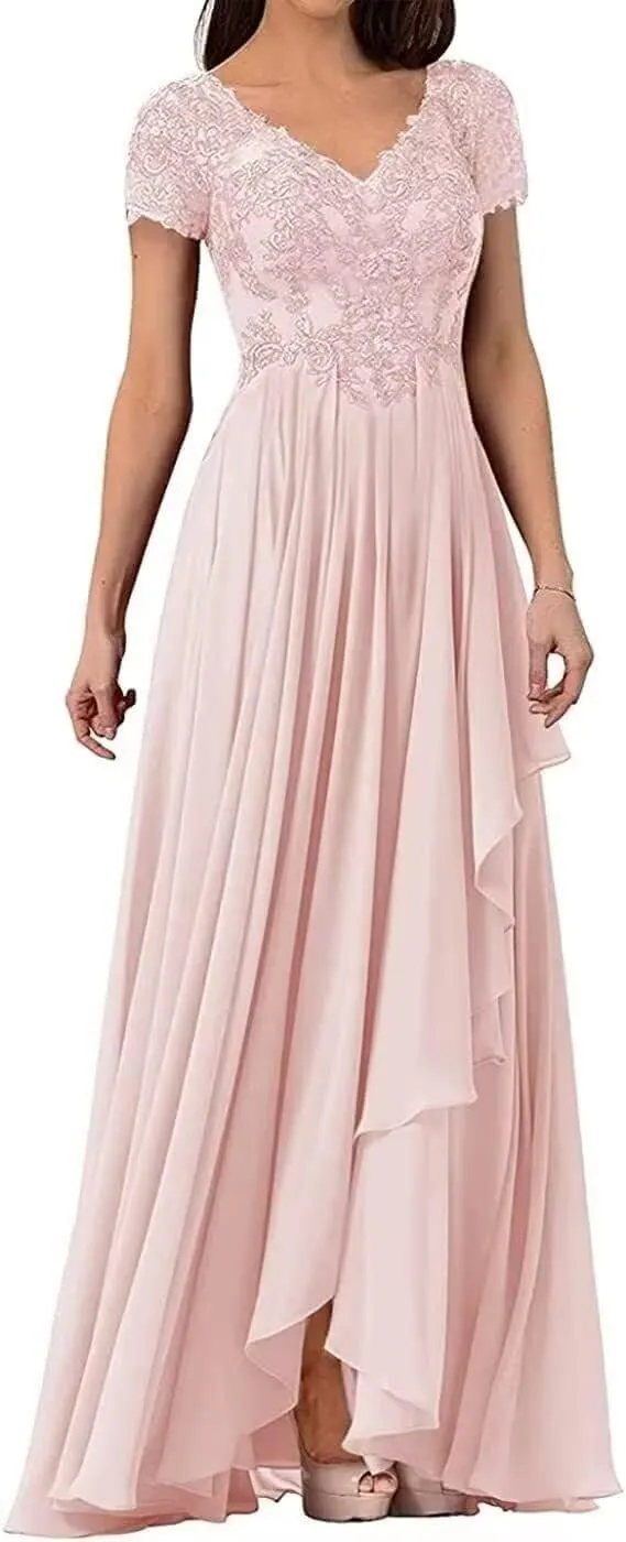 Chiffon Mother of The Bride Dresses Long V Neck Lace Applique Wedding Guest Dresses Cap Sleeve Formal Evening Dress