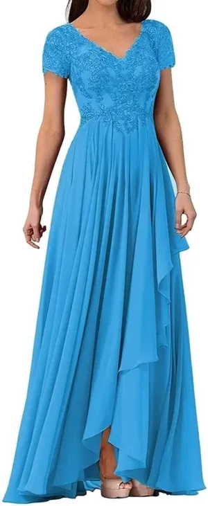 Chiffon Mother of The Bride Dresses Long V Neck Lace Applique Wedding Guest Dresses Cap Sleeve Formal Evening Dress