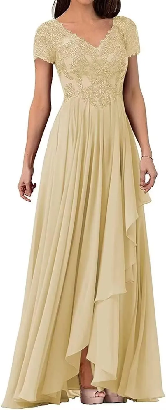 Chiffon Mother of The Bride Dresses Long V Neck Lace Applique Wedding Guest Dresses Cap Sleeve Formal Evening Dress