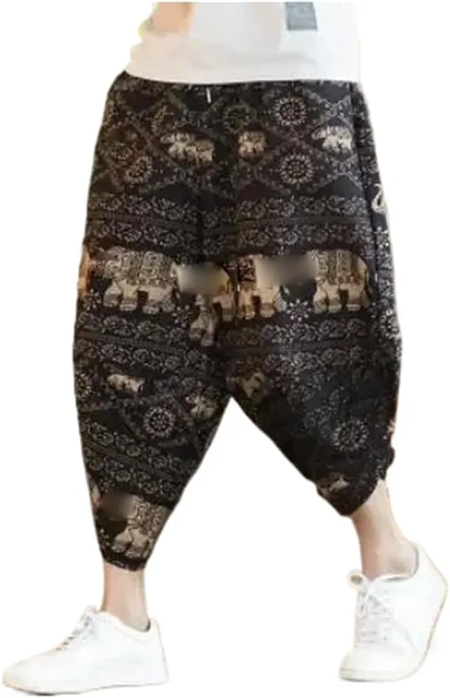 Chinese Style Harem Pants Men Summer Casual Mens Streetwear Cotton Striped -Length Trousers s4 L