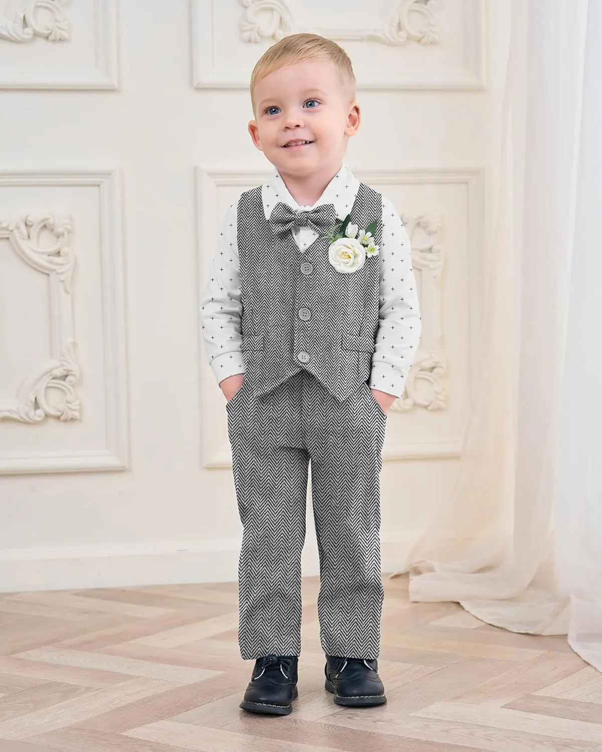Coco&RARA Baby Boy Clothes Suits Infant Tuxedo Gentleman Outfits, Formal Dress Shirt Vest Corsage tie Pants Baby Suit Sets