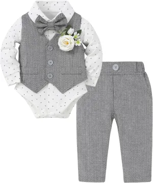 Coco&RARA Baby Boy Clothes Suits Infant Tuxedo Gentleman Outfits, Formal Dress Shirt Vest Corsage tie Pants Baby Suit Sets