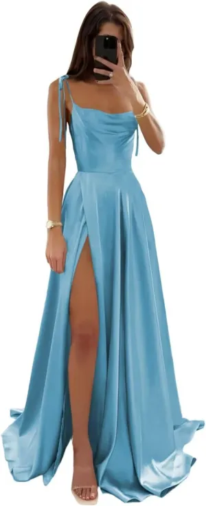 Cowl Neck Satin Bridesmaid Dresses with Slit Long Prom Dress for Women Formal Evening Gown with Pockets