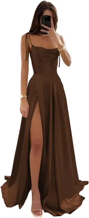 Cowl Neck Satin Bridesmaid Dresses with Slit Long Prom Dress for Women Formal Evening Gown with Pockets
