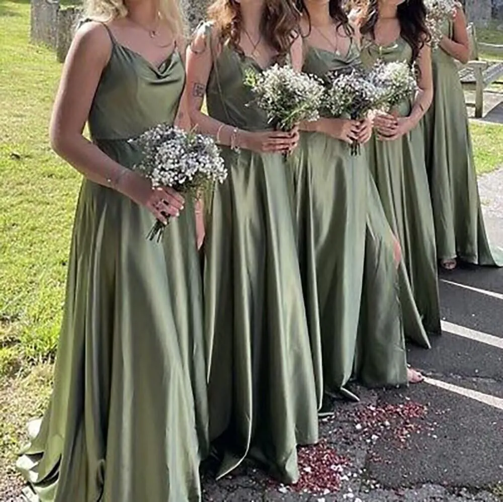 Cowl Neck Satin Bridesmaid Dresses with Slit Long Prom Dress for Women Formal Evening Gown with Pockets
