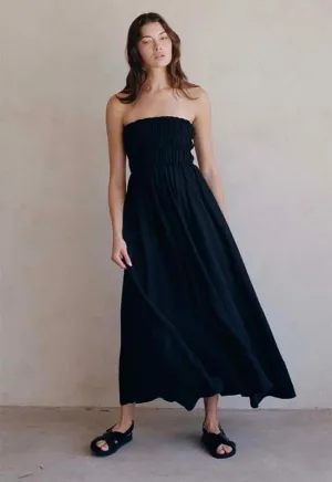 Cupro Woven Smock Tube Midi Dress - Black