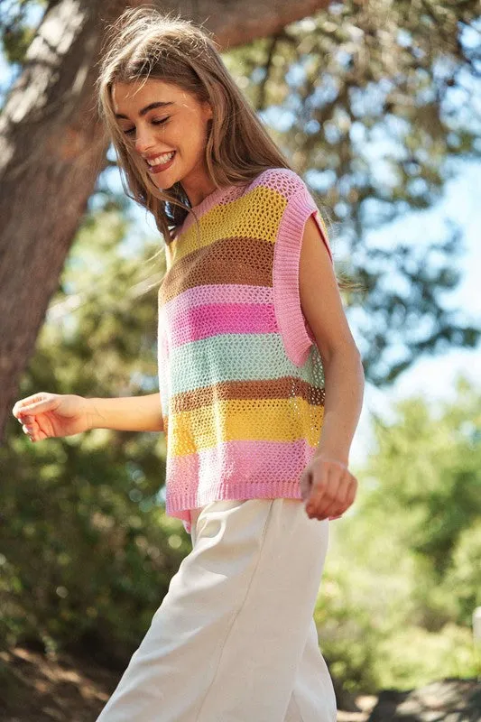 DAVI & DANI Crochet Multi Striped Pullover Knit Sweater Vest