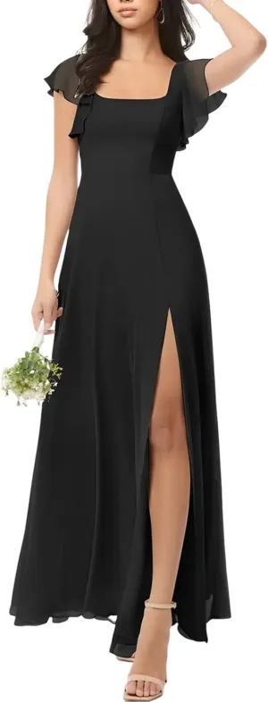 DREAMIND Chiffon Bridesmaid Dresses Square Neck Wedding Guest Dress for Women Formal Evening Gowns with Slit