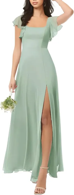 DREAMIND Chiffon Bridesmaid Dresses Square Neck Wedding Guest Dress for Women Formal Evening Gowns with Slit