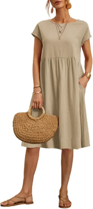 Dresses for Women Casual Cap Sleeve Boat Neck Tshirt Dress Midi Dress with Pockets Hawaiian Dresses for Women