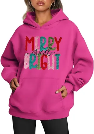 Earlymemb Women's Merry Christmas Oversized Hoodies Fleece Sweatshirts Funny Chenille Patch Xmas Holiday Pullover with Pocket