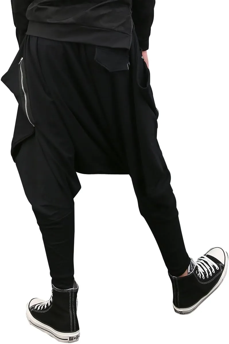 ellazhu Men's Black Fashion Loose Fit Drop Crotch Yoga Casual Harem Long Pants GYM161 A