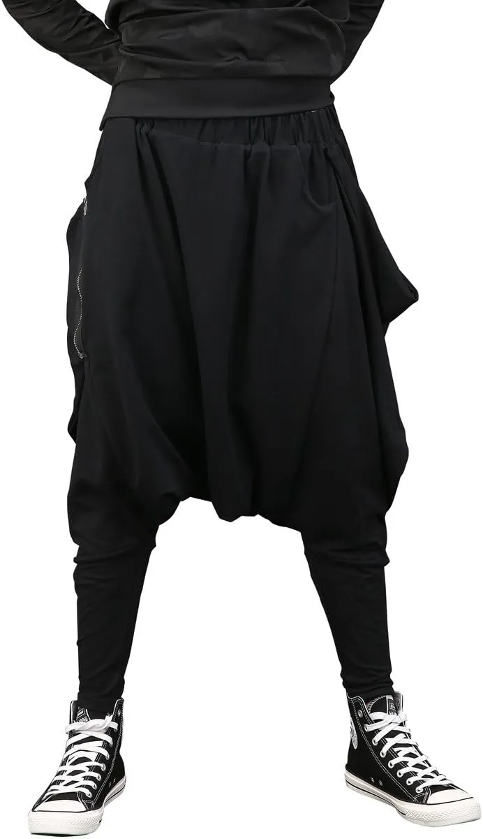 ellazhu Men's Black Fashion Loose Fit Drop Crotch Yoga Casual Harem Long Pants GYM161 A