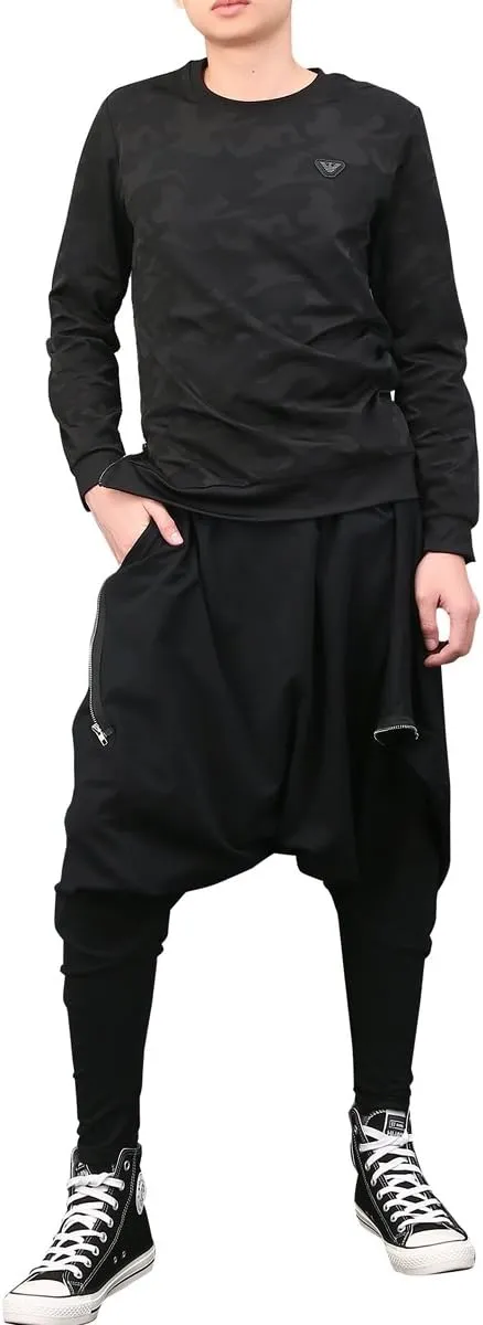 ellazhu Men's Black Fashion Loose Fit Drop Crotch Yoga Casual Harem Long Pants GYM161 A