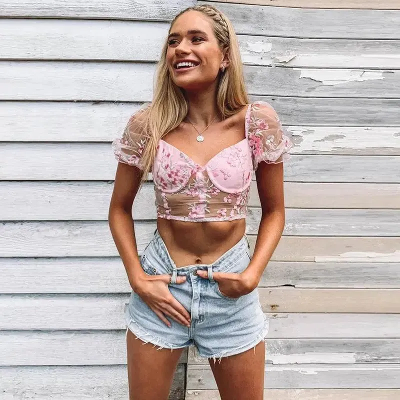 Embroidered Mesh Short T-Shirt