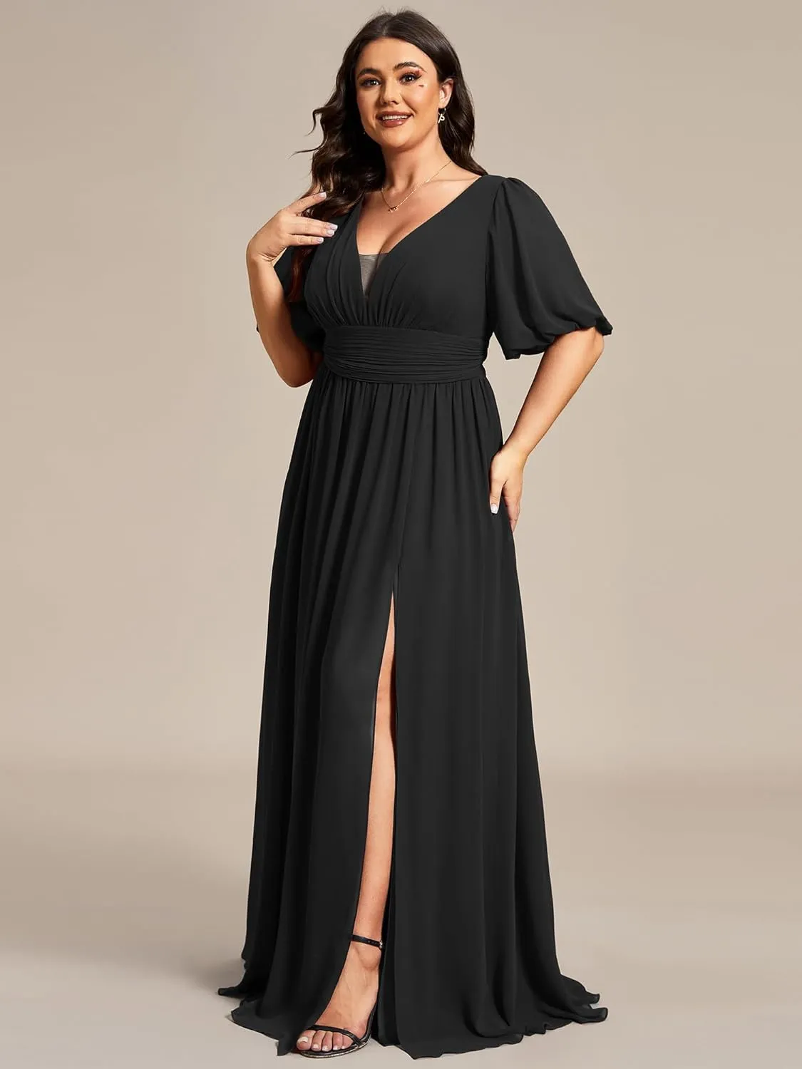Ever-Pretty Plus Womens V-Neck Puffy Sleeves Empire Waist Ruched Bust A-Line Slit Maxi Plus Size Formal Dress