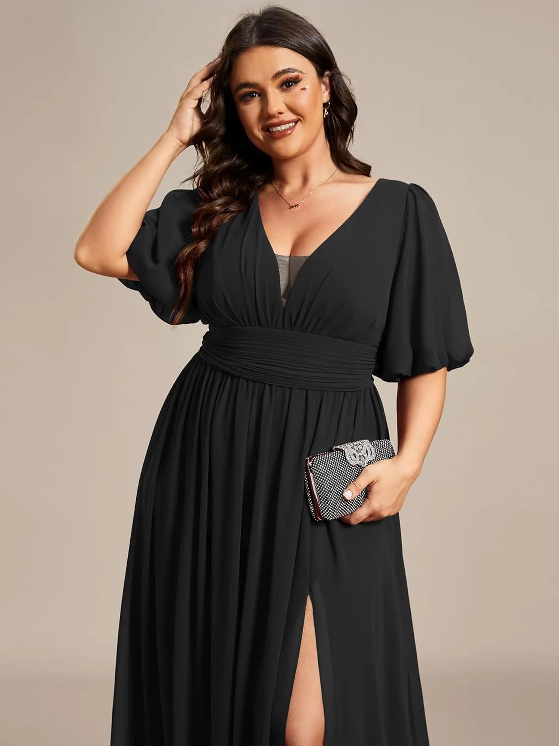 Ever-Pretty Plus Womens V-Neck Puffy Sleeves Empire Waist Ruched Bust A-Line Slit Maxi Plus Size Formal Dress