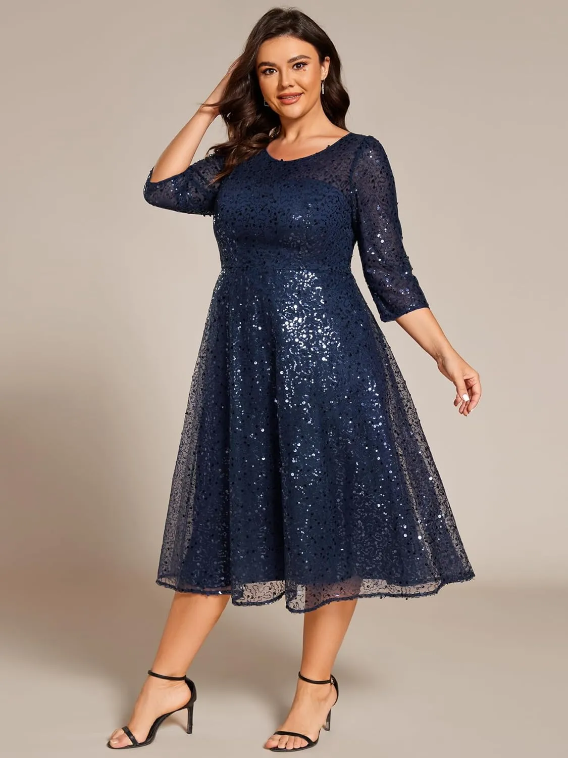 Ever-Pretty Women's 3/4 Sleeves Sequin Empire Waist A Line Plus Size Midi Formal Cocktail Wedding Guest Dresses 02241-DA