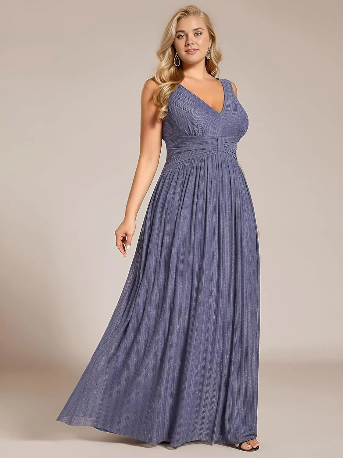 Ever-Pretty Women's Glitter V Neck Formal Gowns Pleated Sleeveless Plus Size Formal Dress 02133-DA
