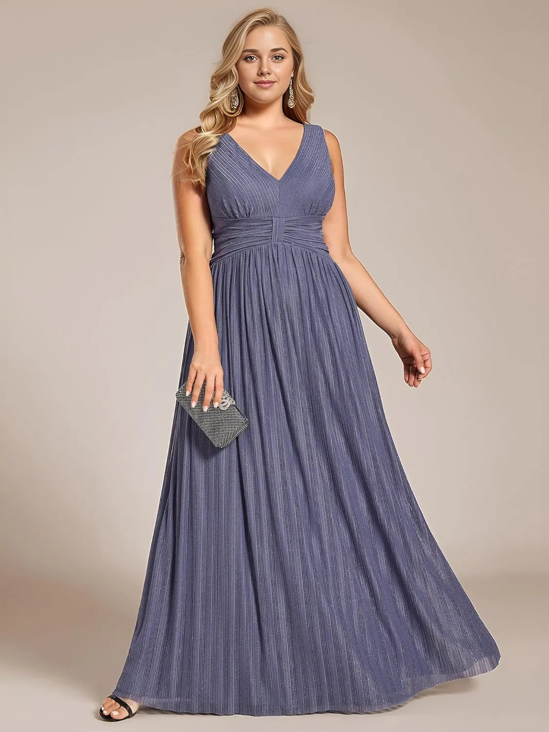 Ever-Pretty Women's Glitter V Neck Formal Gowns Pleated Sleeveless Plus Size Formal Dress 02133-DA