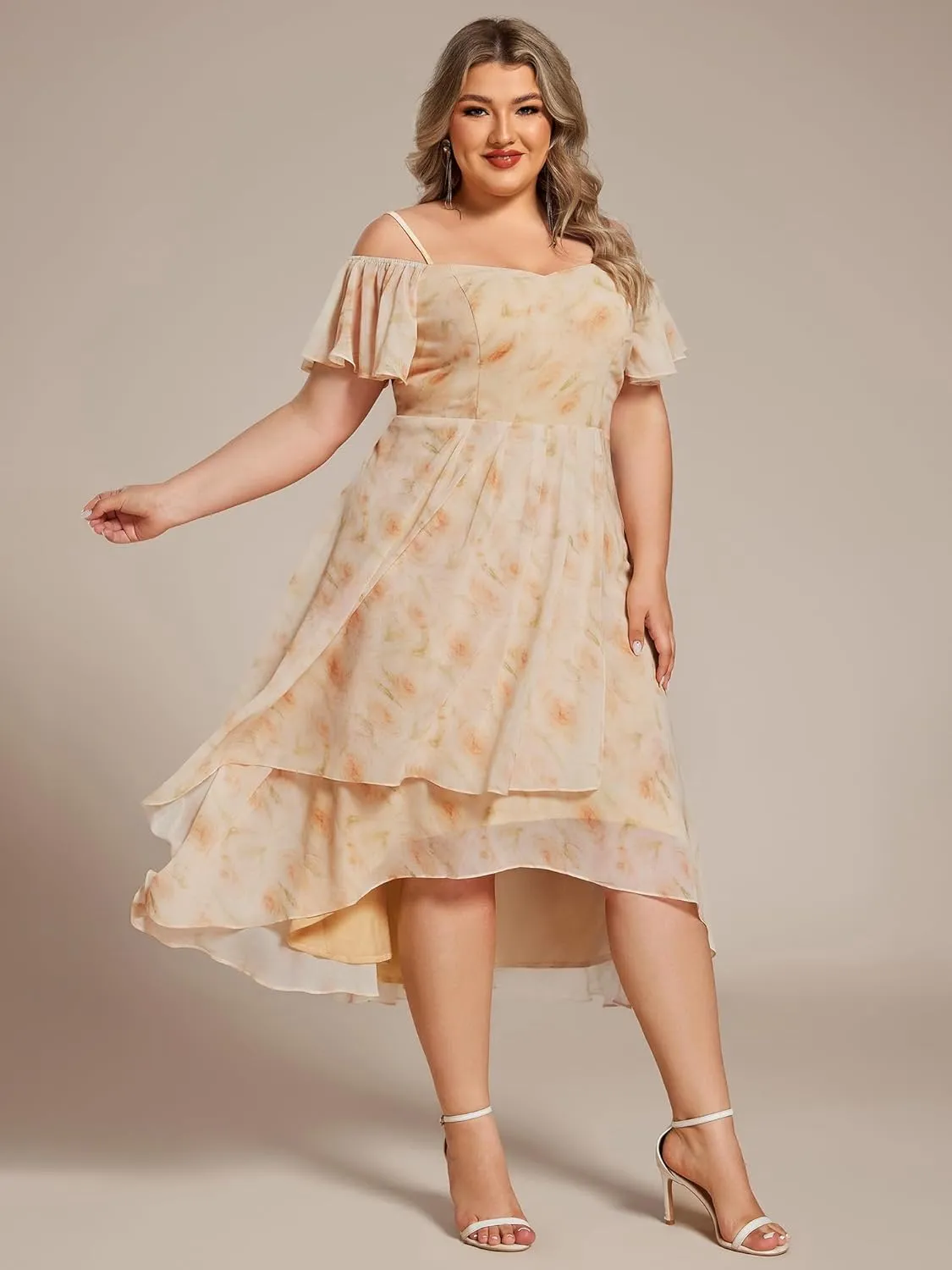 Ever-Pretty Women's Plus Size Ruffle Sleeves Off Shoulder Empire Waist A Line Chiffon Summer Wedding Guest Dress 02103-DA