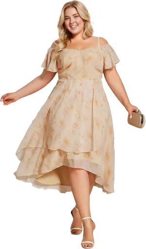Ever-Pretty Women's Plus Size Ruffle Sleeves Off Shoulder Empire Waist A Line Chiffon Summer Wedding Guest Dress 02103-DA