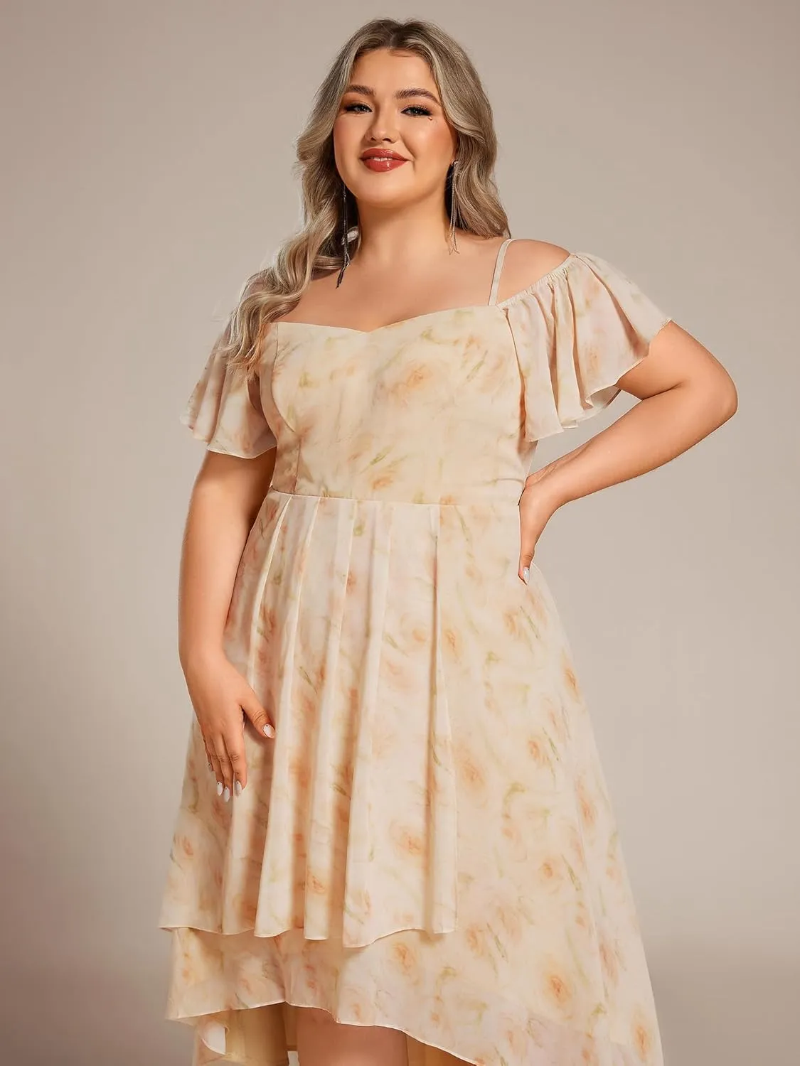 Ever-Pretty Women's Plus Size Ruffle Sleeves Off Shoulder Empire Waist A Line Chiffon Summer Wedding Guest Dress 02103-DA