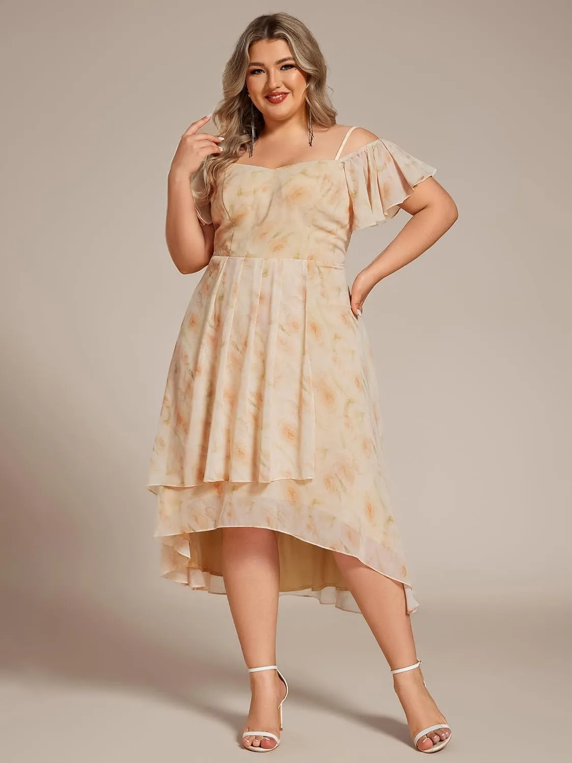 Ever-Pretty Women's Plus Size Ruffle Sleeves Off Shoulder Empire Waist A Line Chiffon Summer Wedding Guest Dress 02103-DA