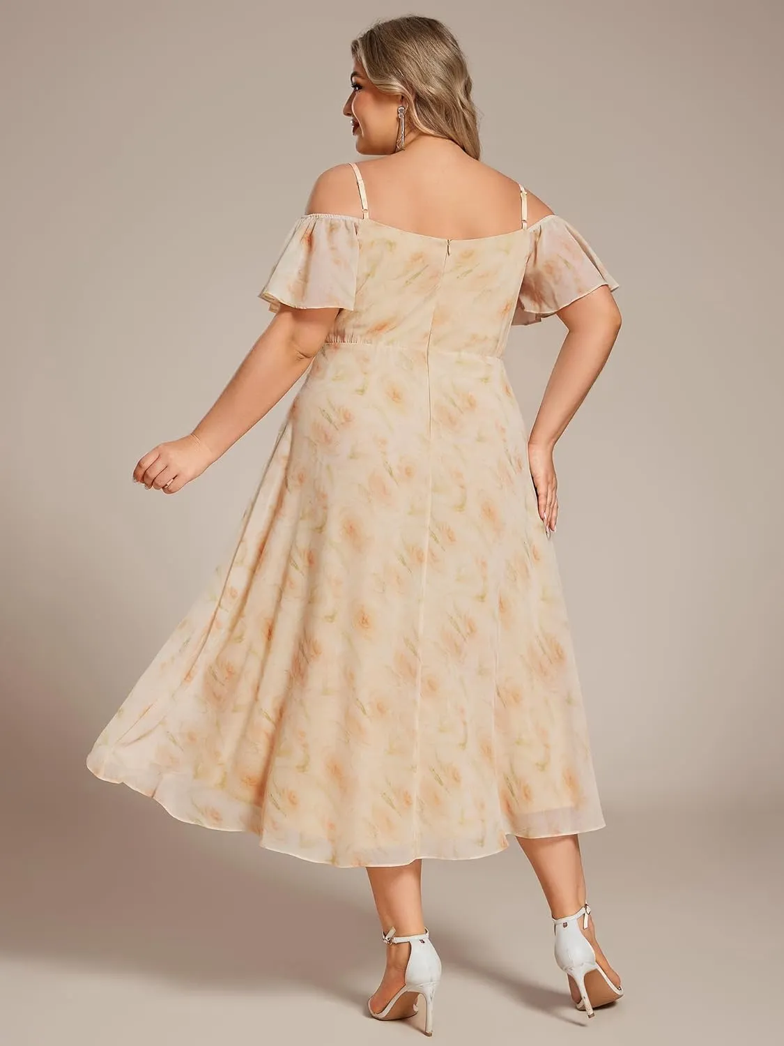 Ever-Pretty Women's Plus Size Ruffle Sleeves Off Shoulder Empire Waist A Line Chiffon Summer Wedding Guest Dress 02103-DA