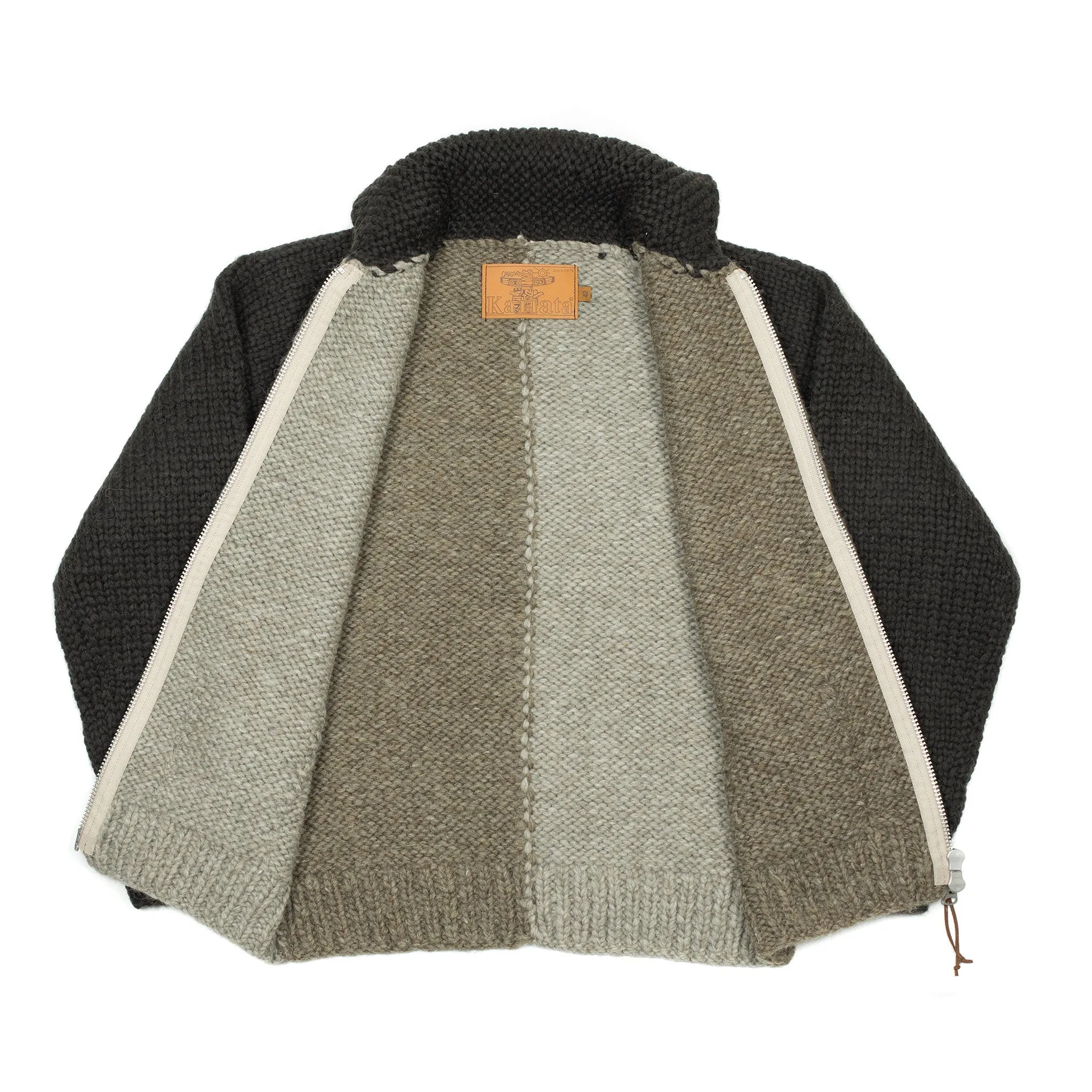Exclusive hand-knit color-blocked Cowichan cardigan in shades of brown, 6-ply wool (restock)
