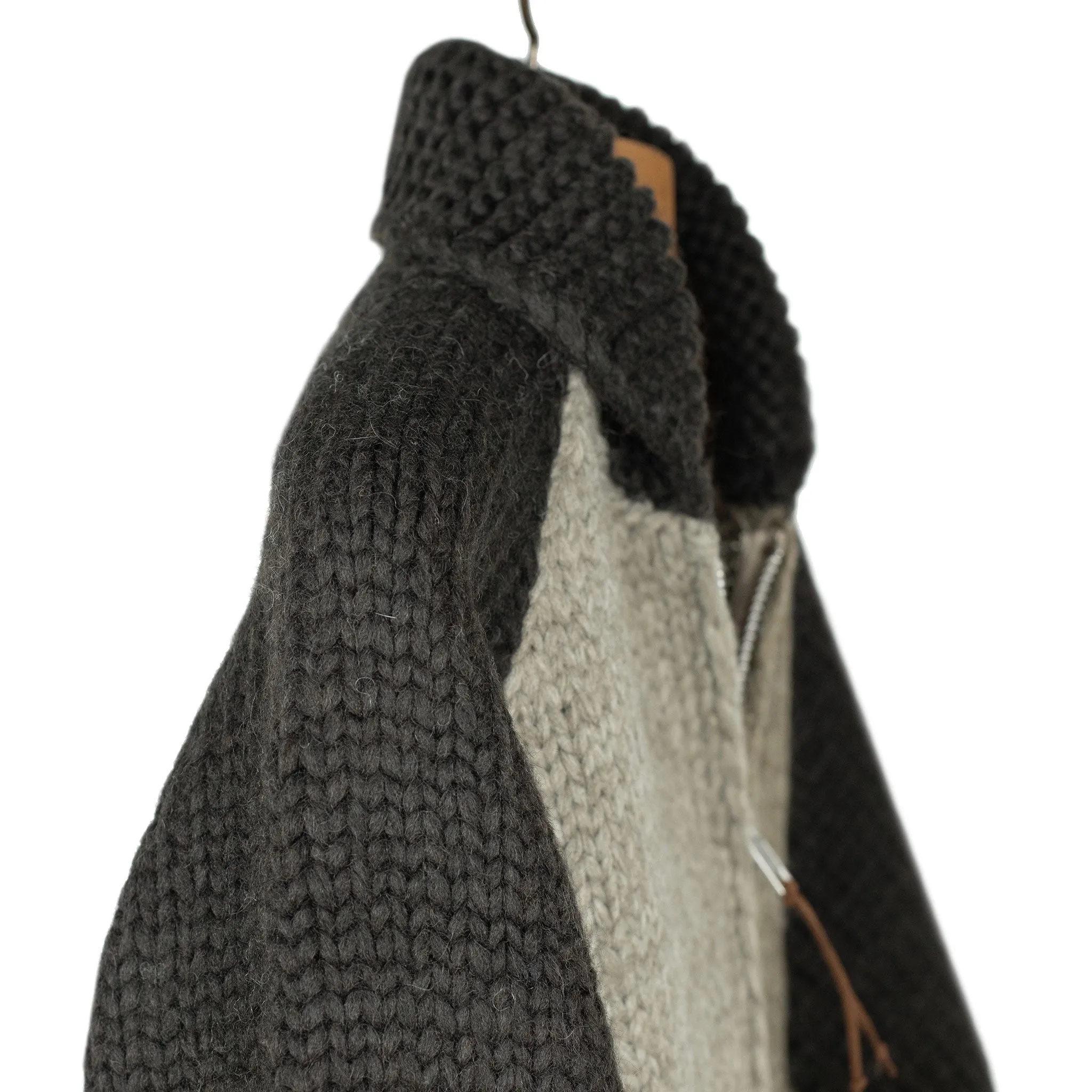Exclusive hand-knit color-blocked Cowichan cardigan in shades of brown, 6-ply wool (restock)