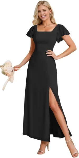 Fair Lady Bridesmaid Dresses for Wedding Women's Empire Waist Short Sleeve A Line Chiffon Long Formal Evening Gowns with Slit