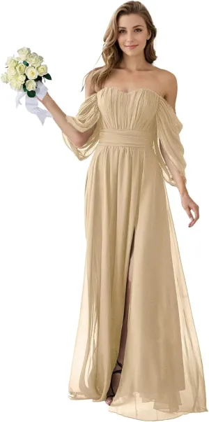 Fair Lady Bridesmaid Dresses for Women Long Chiffon Ruffle Off The Shoulder Formal Evening Party Gowns with Slit