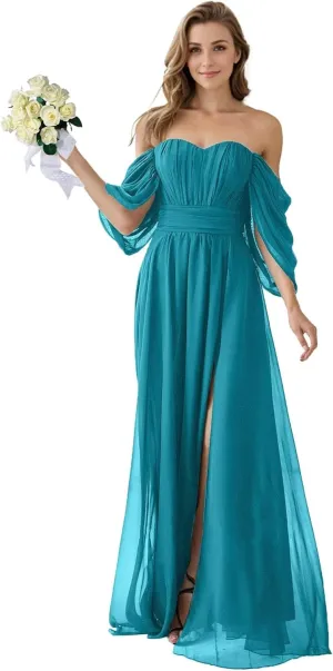 Fair Lady Bridesmaid Dresses for Women Long Chiffon Ruffle Off The Shoulder Formal Evening Party Gowns with Slit