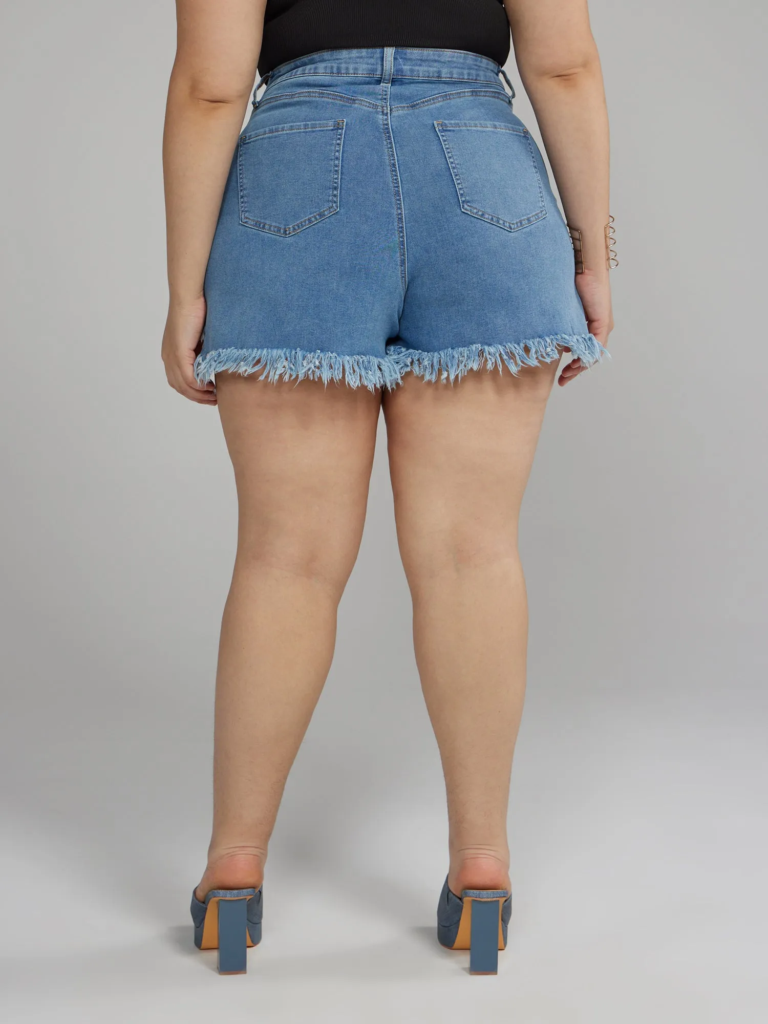 Fashion To Figure - High Rise Distressed Denim Shorts with Hi-Lo Hem