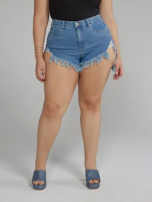 Fashion To Figure - High Rise Distressed Denim Shorts with Hi-Lo Hem