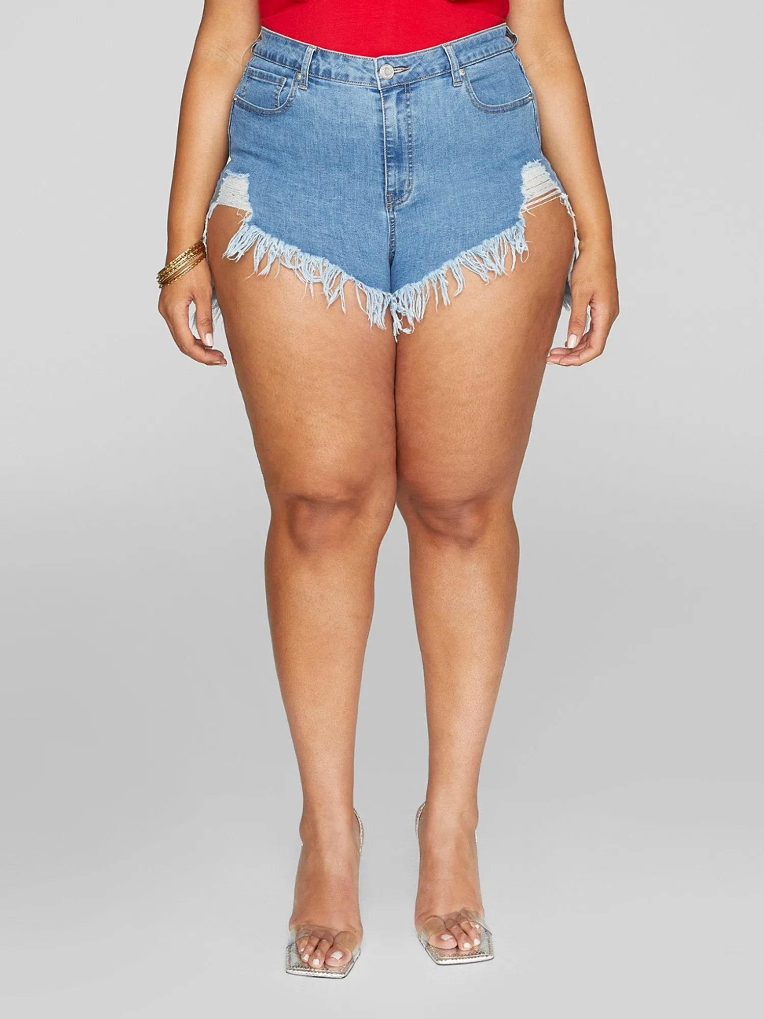 Fashion To Figure - High Rise Distressed Denim Shorts with Hi-Lo Hem