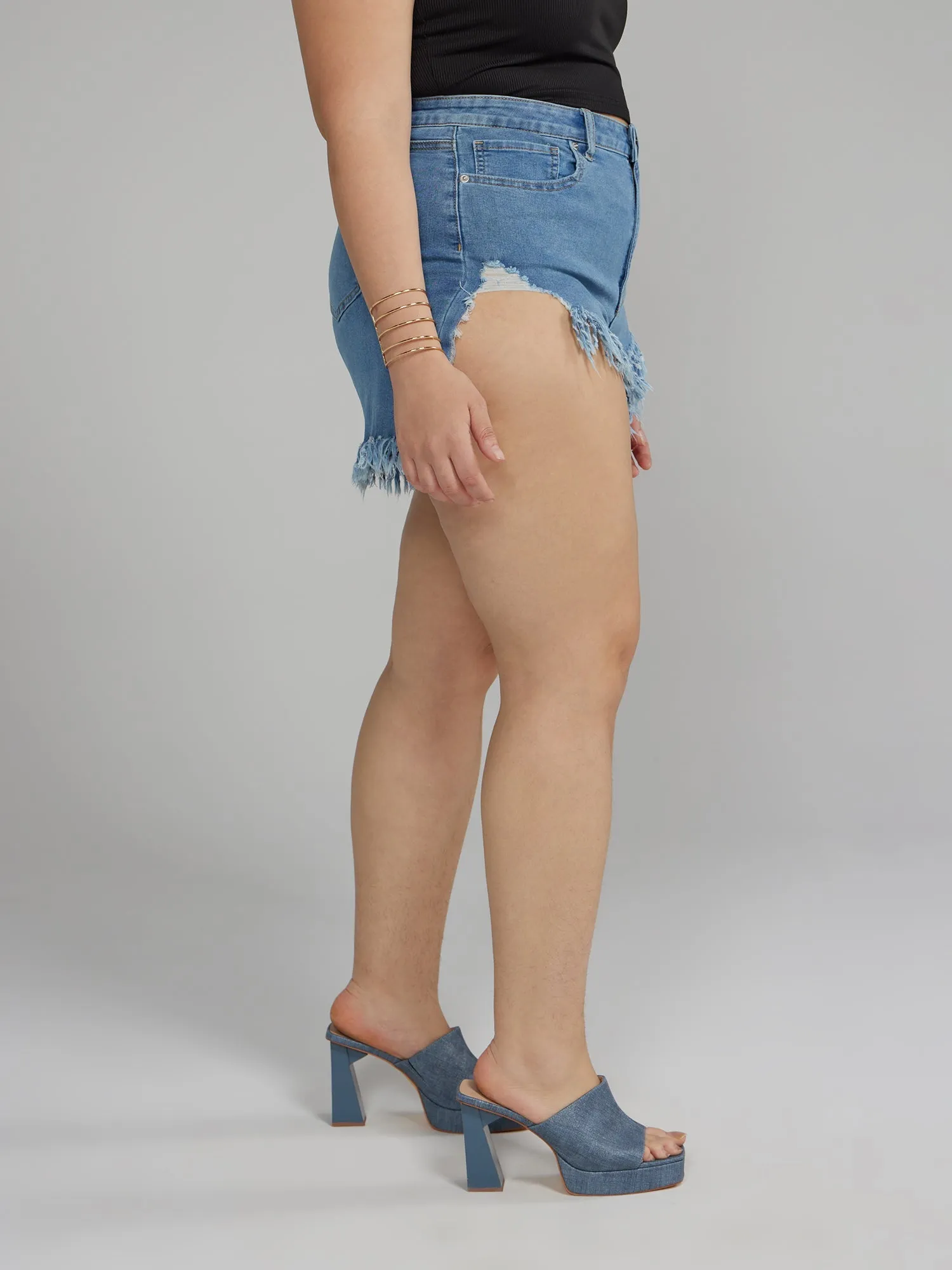 Fashion To Figure - High Rise Distressed Denim Shorts with Hi-Lo Hem