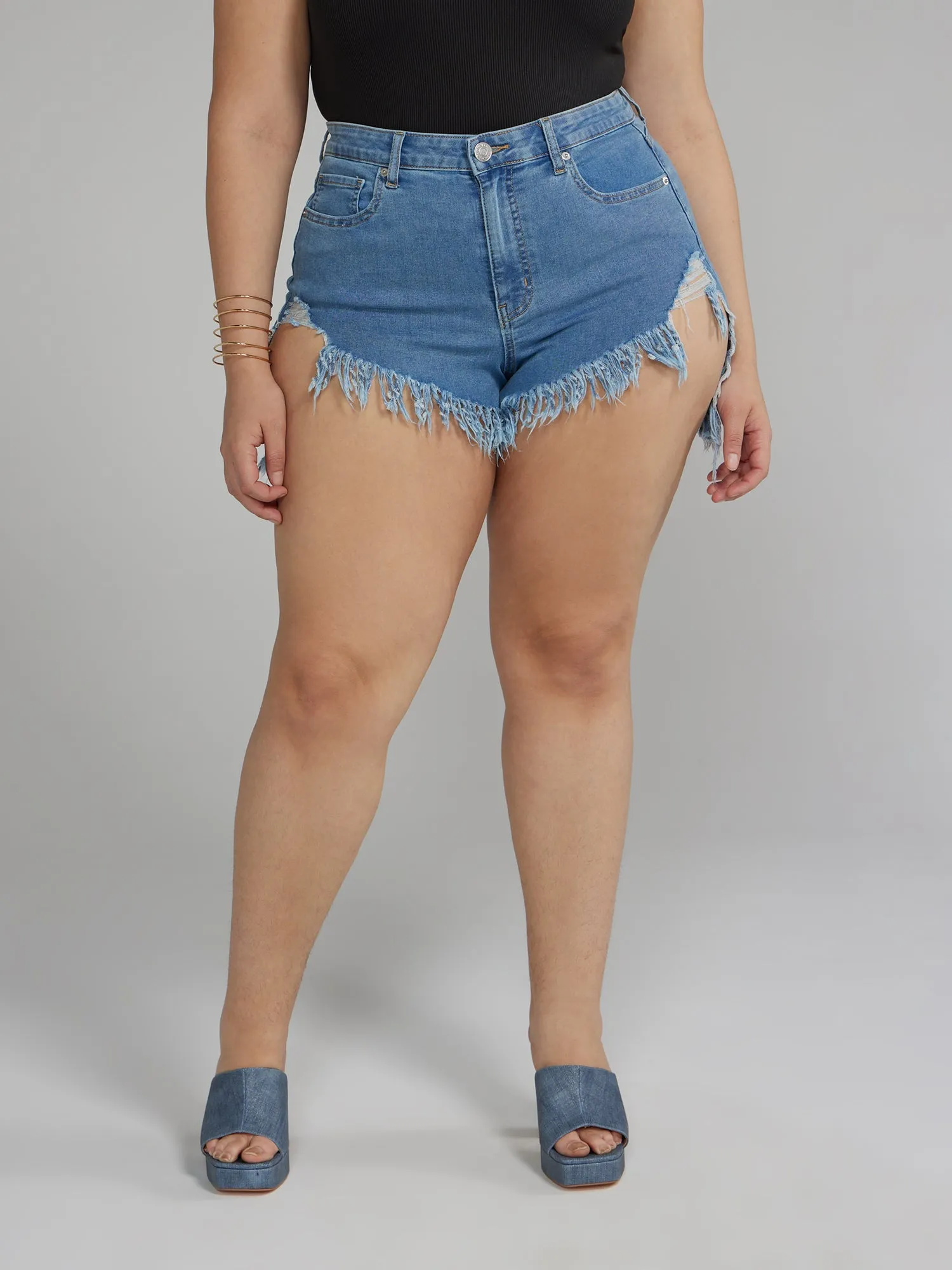 Fashion To Figure - High Rise Distressed Denim Shorts with Hi-Lo Hem