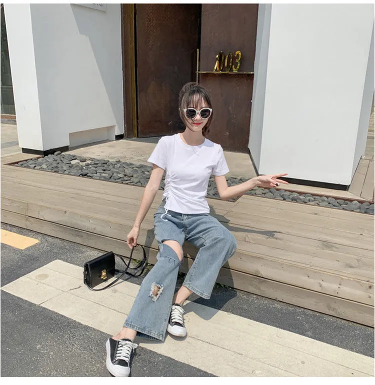Feminine Splitted Trendy Short Sleeve T-Shirt Women Summer Korean Loose Student Girlfriends Tops T-Shirt
