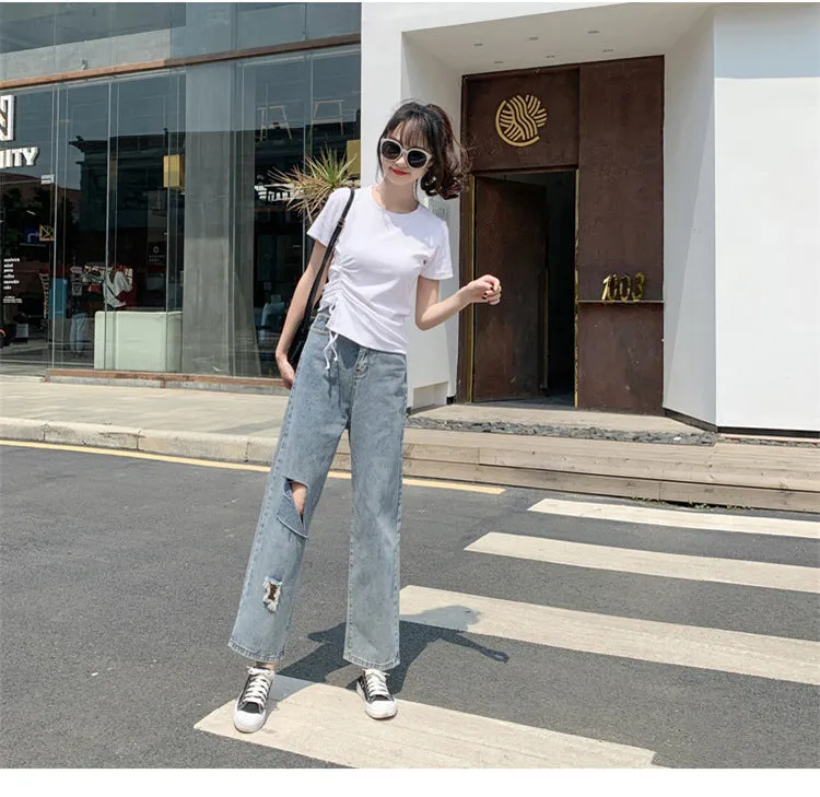 Feminine Splitted Trendy Short Sleeve T-Shirt Women Summer Korean Loose Student Girlfriends Tops T-Shirt