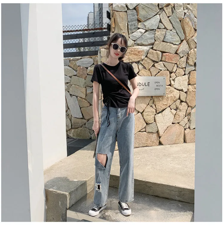 Feminine Splitted Trendy Short Sleeve T-Shirt Women Summer Korean Loose Student Girlfriends Tops T-Shirt
