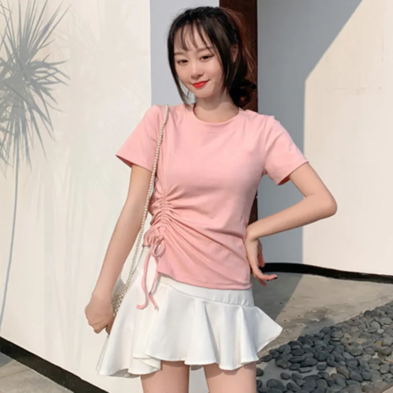 Feminine Splitted Trendy Short Sleeve T-Shirt Women Summer Korean Loose Student Girlfriends Tops T-Shirt