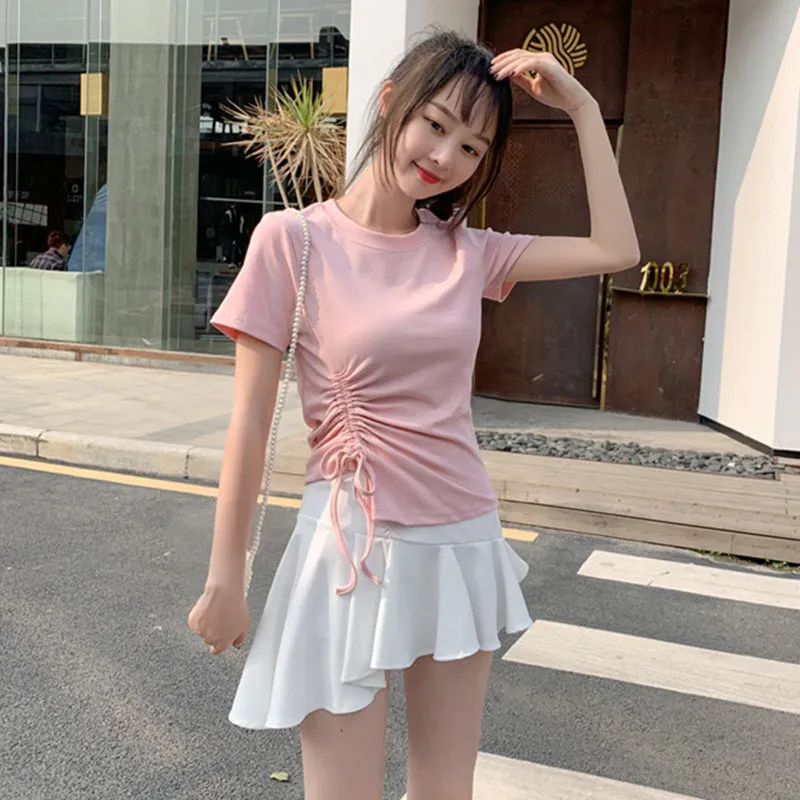 Feminine Splitted Trendy Short Sleeve T-Shirt Women Summer Korean Loose Student Girlfriends Tops T-Shirt